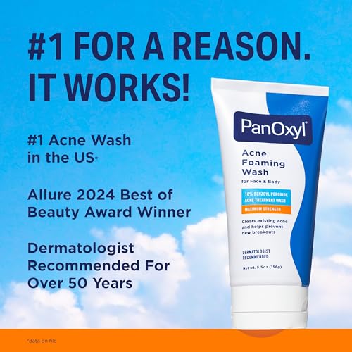 PanOxyl 10% Benzoyl Peroxide Acne Foaming Wash – Maximum Strength Face & Body Cleanser 5.5 oz