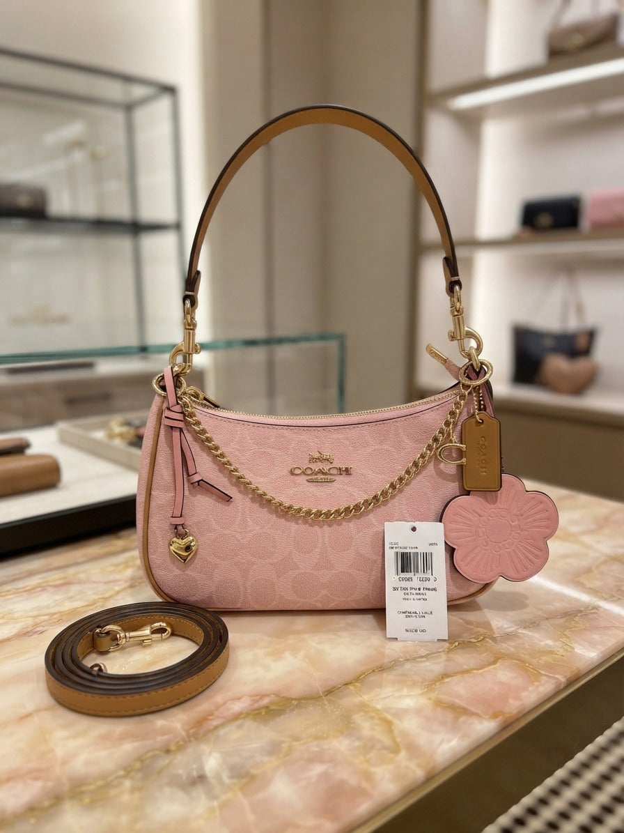 NWT Coach Signature Teri Shoulder Bag with Charms & Strap Powder Pink