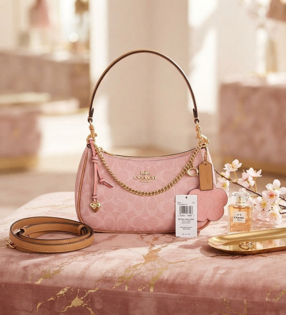 NWT Coach Signature Teri Shoulder Bag with Charms & Strap Powder Pink