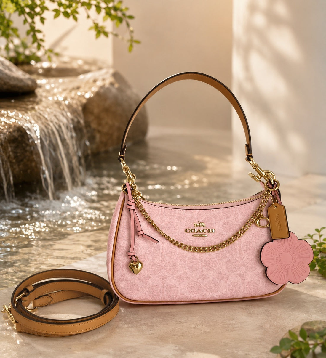 NWT Coach Signature Teri Shoulder Bag with Charms & Strap Powder Pink