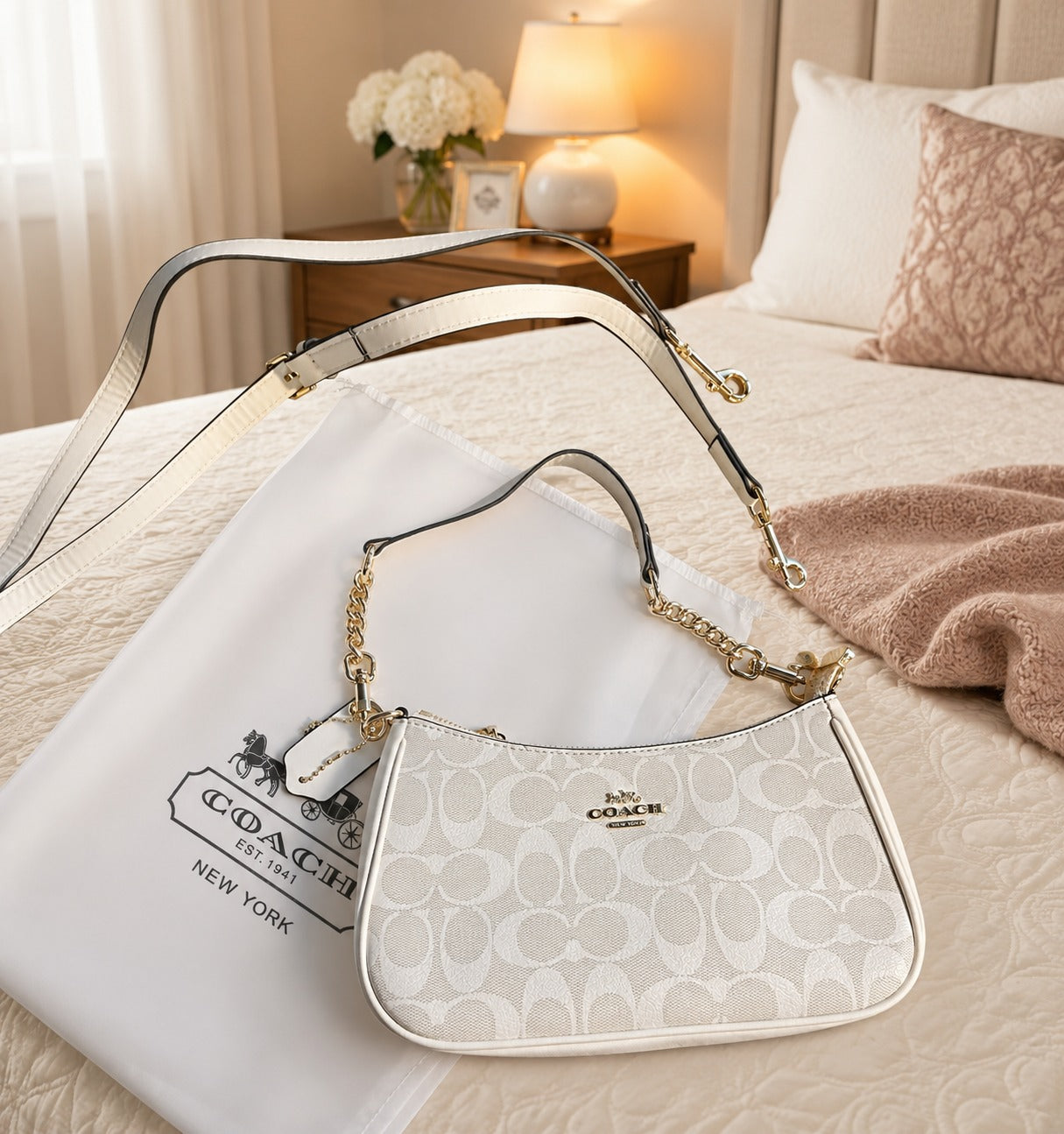 Authentic COACH Teri Shoulder Bag in Signature Canvas White/Chalk – Never Used Designer Handbag for Women