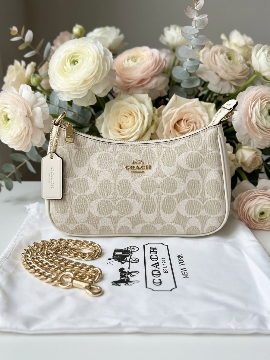 Authentic COACH Teri Shoulder Bag in Signature Canvas White/Chalk – Never Used Designer Handbag for Women