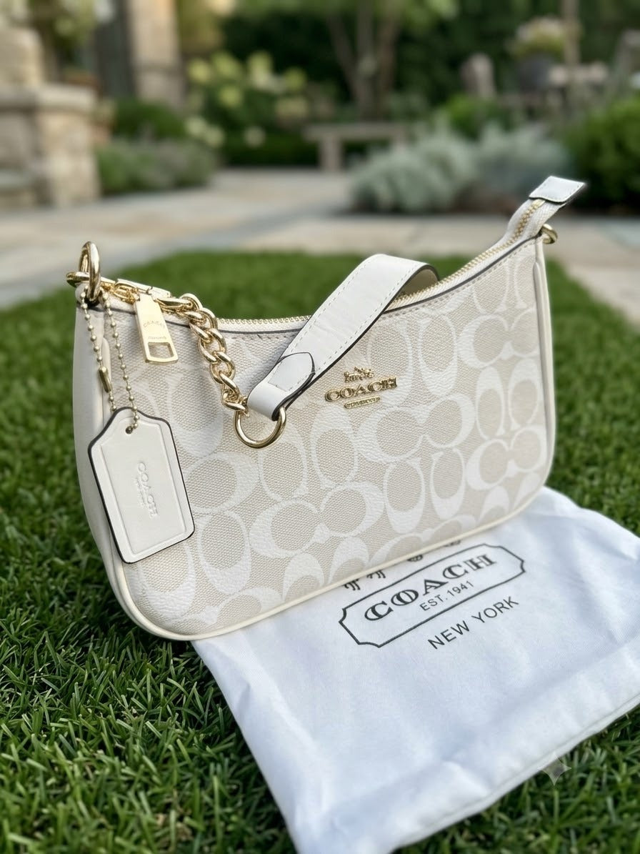 Authentic COACH Teri Shoulder Bag in Signature Canvas White/Chalk – Never Used Designer Handbag for Women