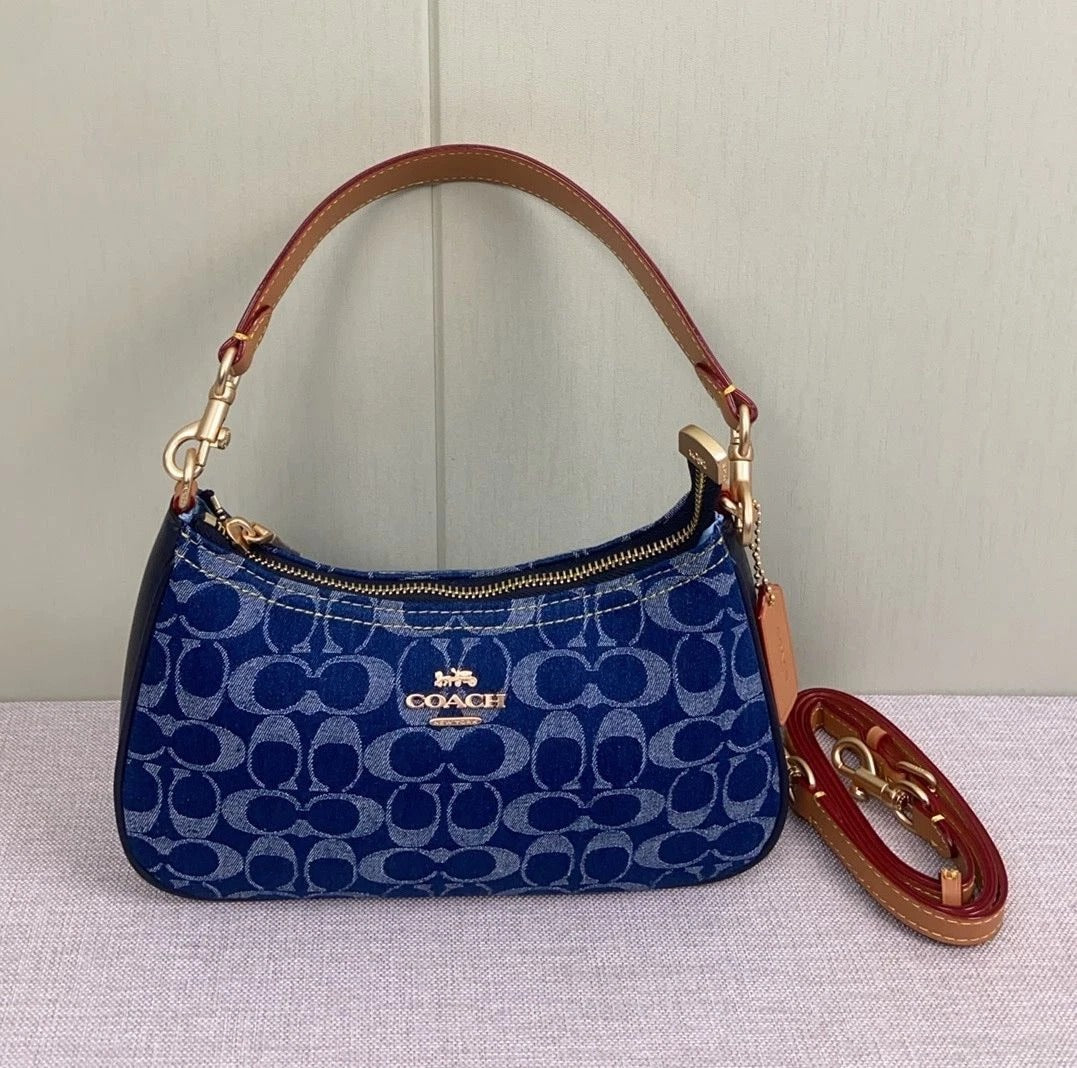 COACH CAF82 Teri Shoulder Crossbody Bag Signature Denim Blue Shoulder Strap NEW