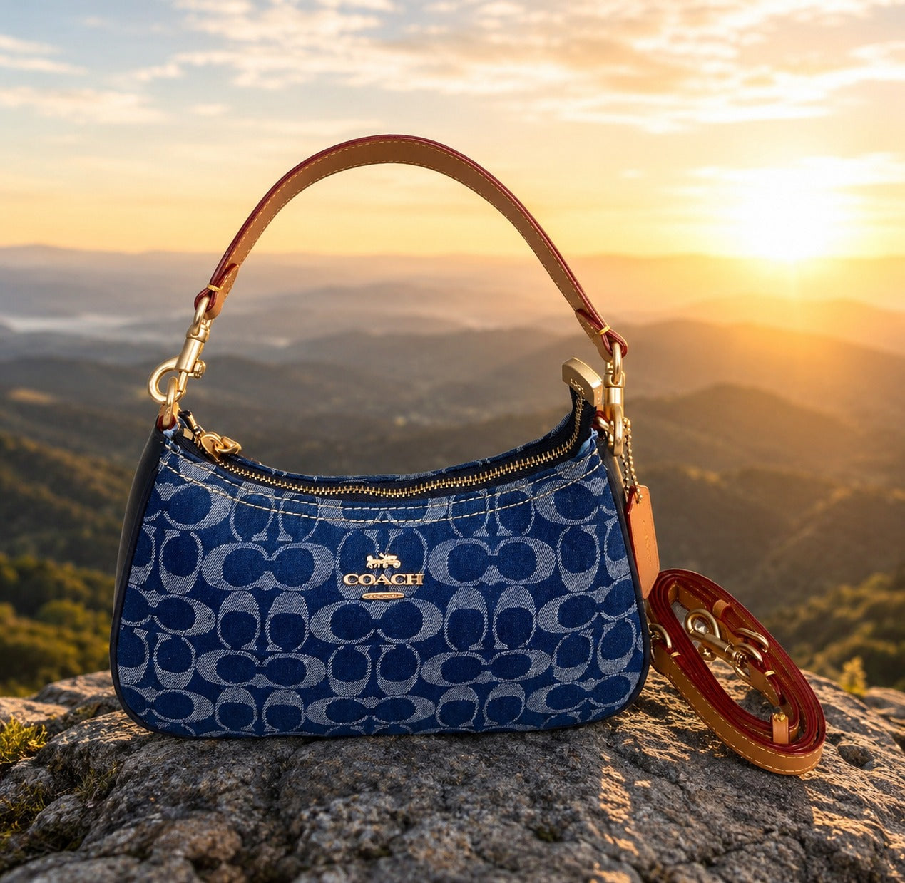 COACH CAF82 Teri Shoulder Crossbody Bag Signature Denim Blue Shoulder Strap NEW